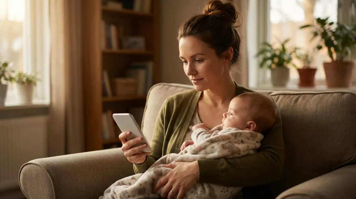 A mother holding her baby while checking a baby tracker app on her phone.