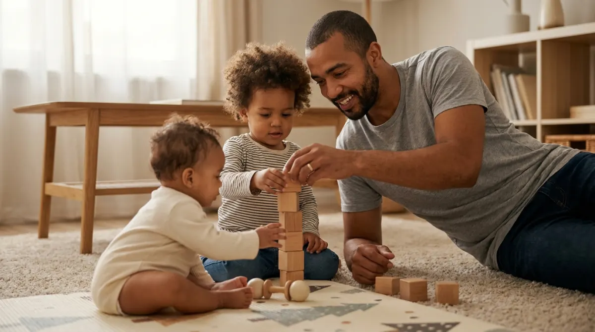 A father with his toddler and baby together at home during the day.