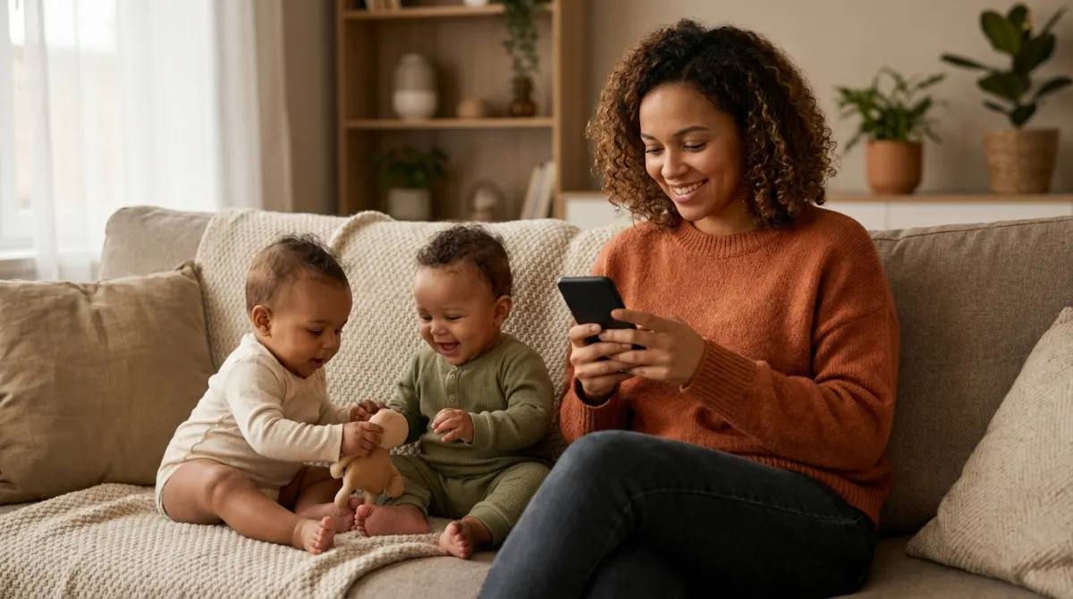 A mother checking a baby tracker app on her phone while her twin babies play beside her.
