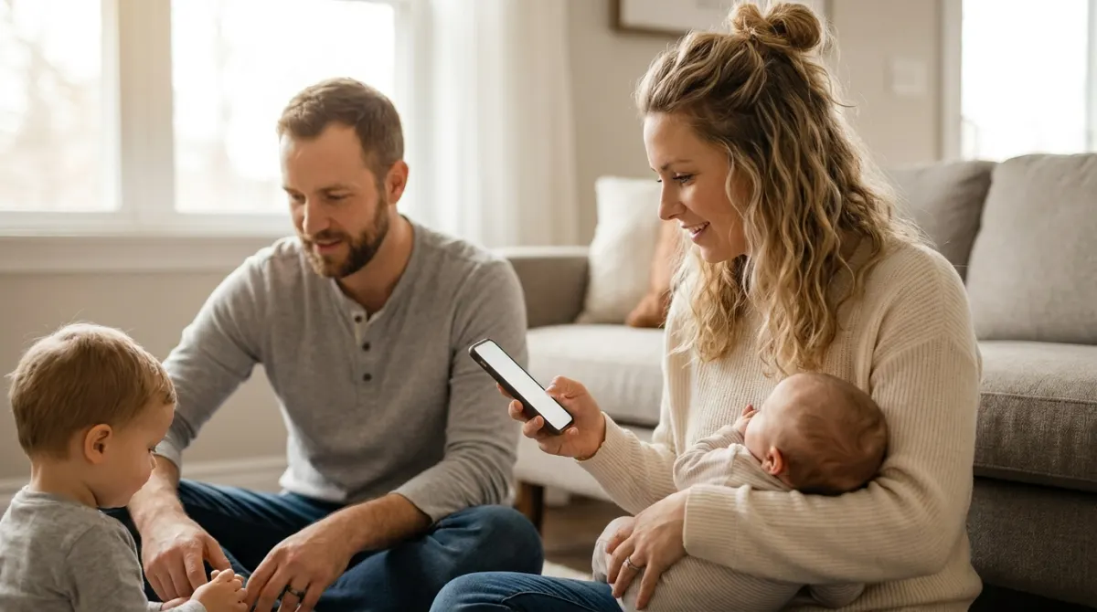 Parents with their two babies at home, one checking a phone.