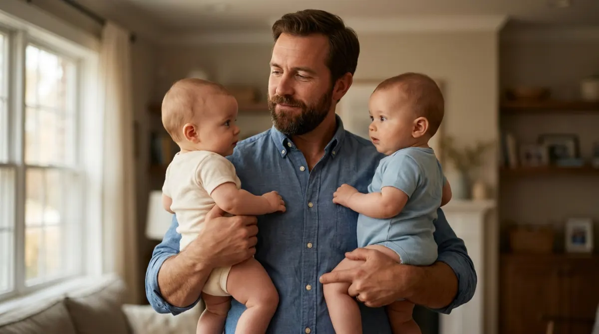 A father holding his twin babies at home during the day.