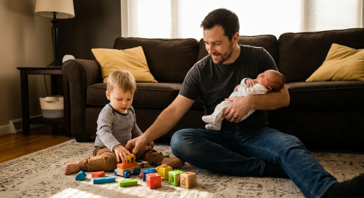A father holding a newborn while his toddler plays nearby.