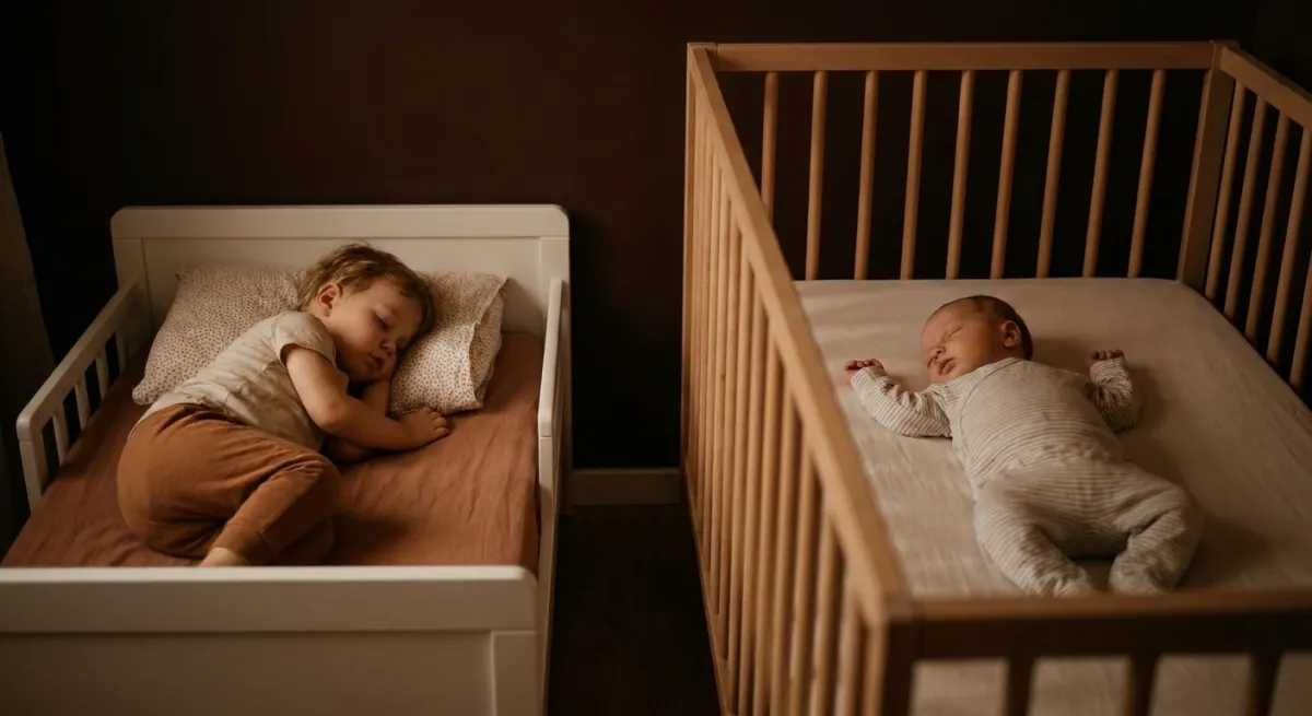 A toddler and a baby napping at the same time.