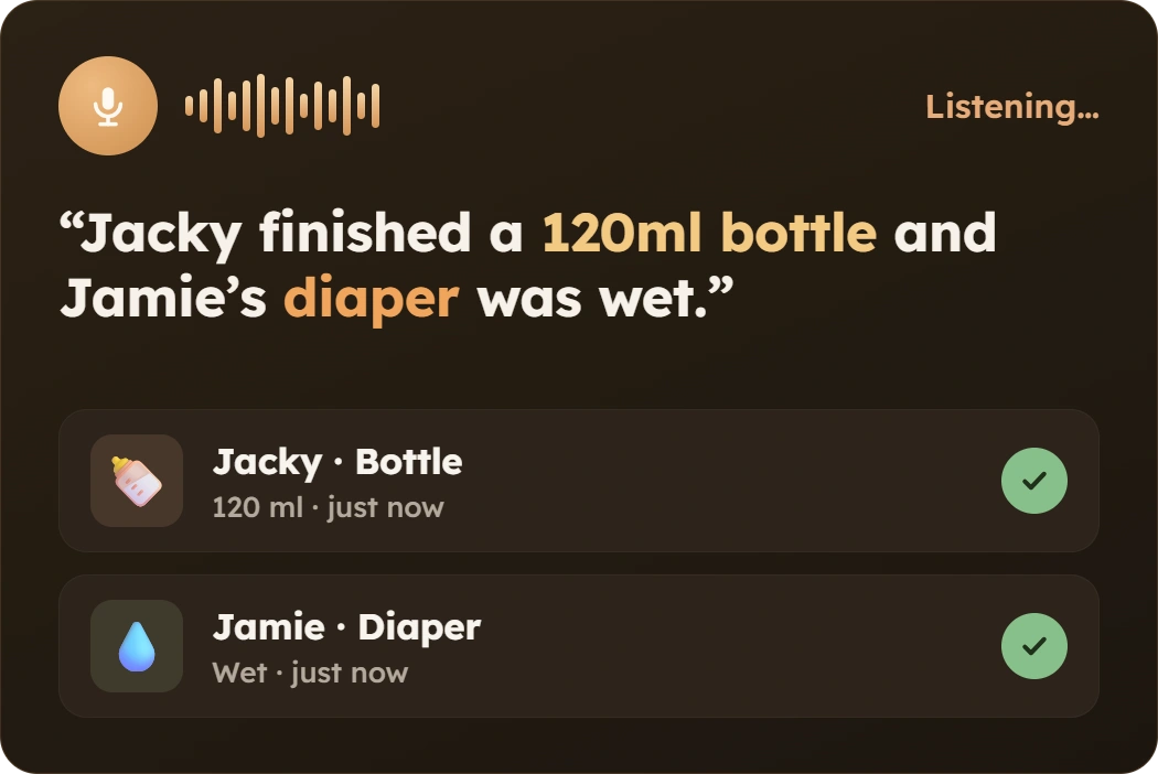 Voice note logged as a 120 ml bottle for Jacky and a wet diaper for Jamie