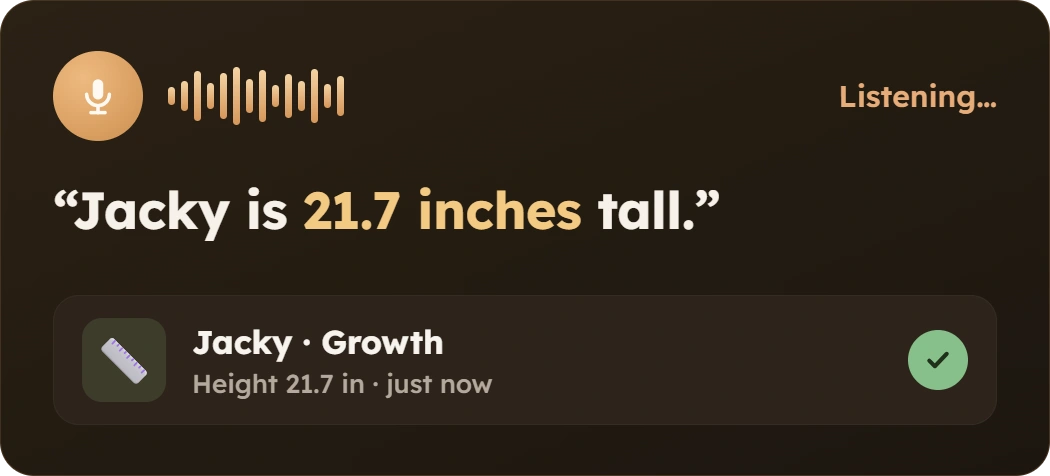 Voice note logged as a height measurement of 21.7 inches for Jacky