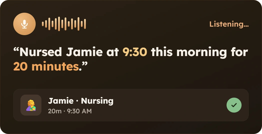 Voice note logged as a 20 minute nursing session for Jamie at 9:30 AM